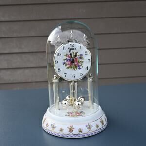 Timex Glass Dome Anniversary Clock Floral Porcelain Base Quartz Mantel Clock